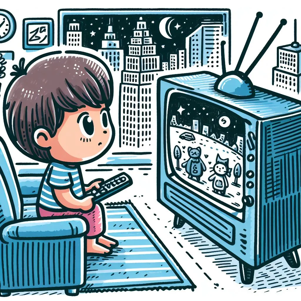 A cartoon image of a child watching TV on their own.