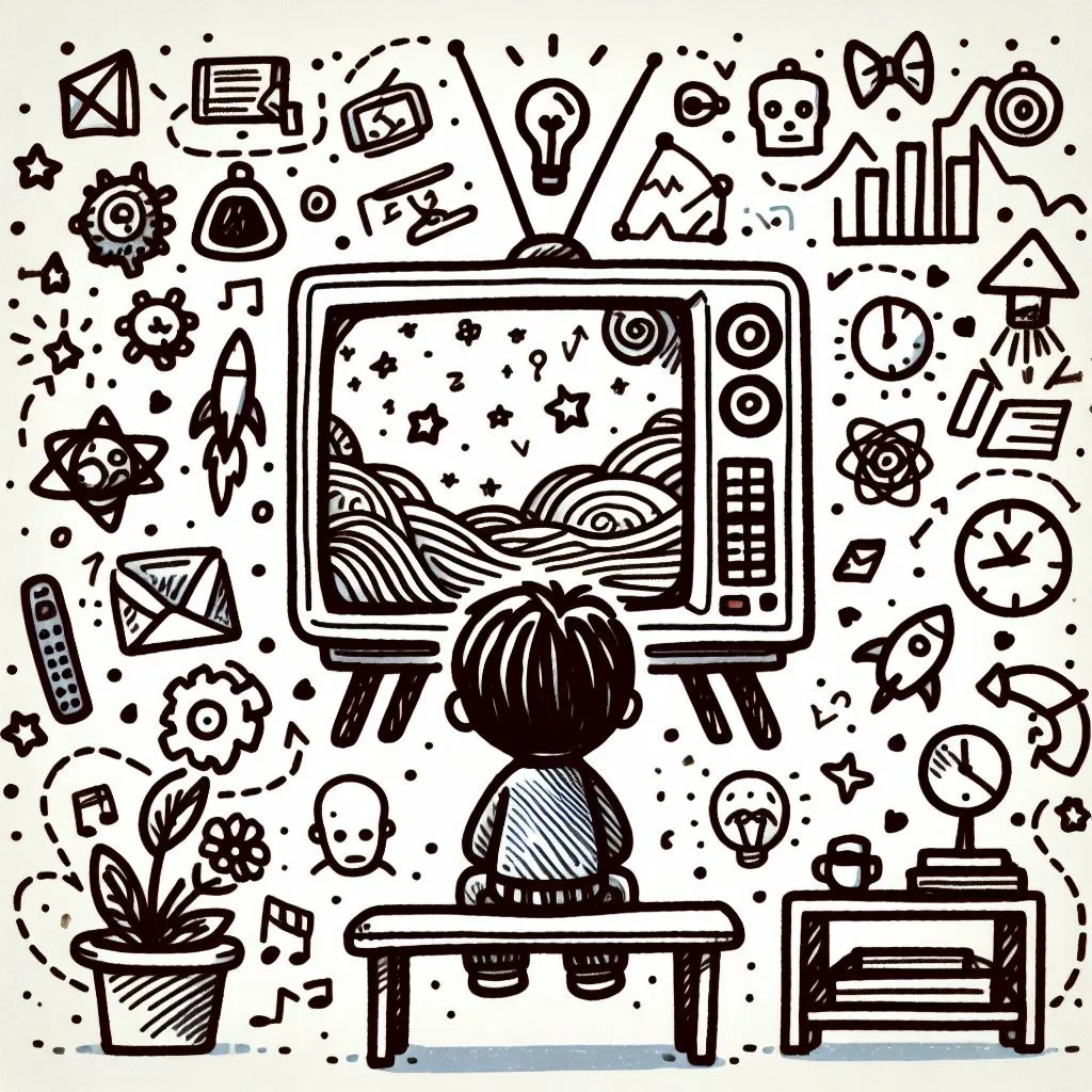 A cartoon image of a child watching TV on their own.